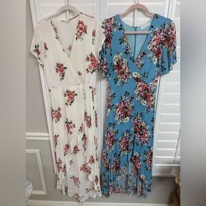 2 Floral High Low Maxi Dresses in Cream and Blue